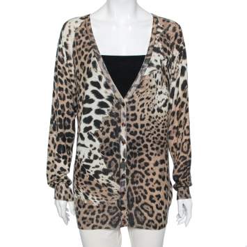 Pre Owned Roberto Cavalli Brown Leopard Printed Silk Button Front Sweater M