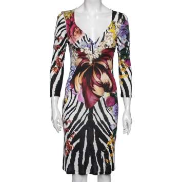Pre Owned Roberto Cavalli White Floral and Animal Printed Jersey Dress M