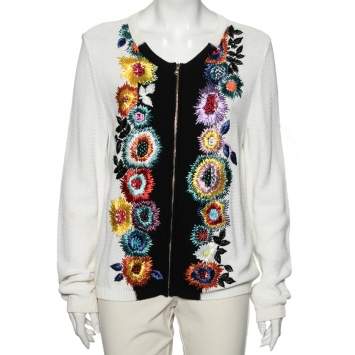 Pre Owned Roberto Cavalli White and Black Knit Straw and Sequin Embroidered Cardigan L