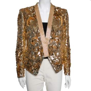 Pre Owned Roberto Cavalli Gold Sequin and Beaded Long Sleeve Jacket M