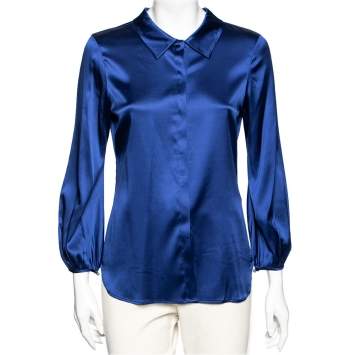 Pre Owned Roberto Cavalli Blue Stretch Silk Button Front Shirt M