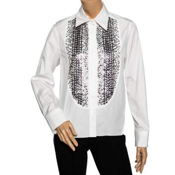 Pre Owned Roberto Cavalli White Cotton Embellished Button Front Shirt M