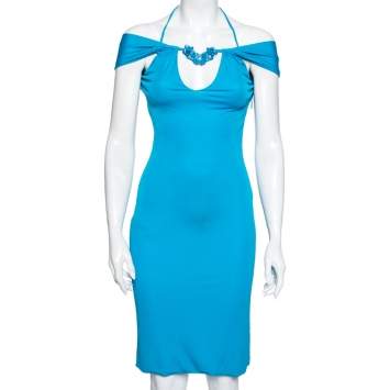 Pre Owned Roberto Cavalli Blue Draped Embellished Jersey Dress M