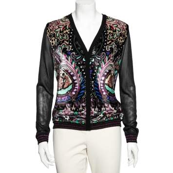 Pre Owned Roberto Cavalli Black Printed Velour & Knit Button Front Cardigan M