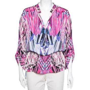 Pre Owned Roberto Cavalli Pink Printed Stretch Silk Drawstring Detail Blouse M
