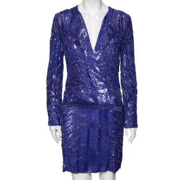 Pre Owned Roberto Cavalli Blue Embellished Silk Wrap Detail Long Sleeve Dress M