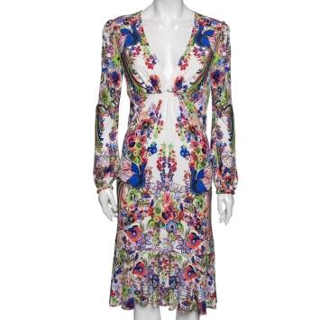 Pre Owned Roberto Cavalli Multicolor Floral Printed Jersey Pleated Front V Neck Dress M