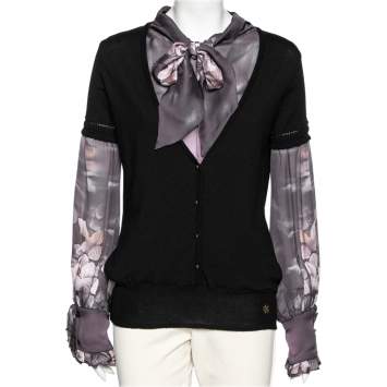 Pre Owned Roberto Cavalli Black Wool & Printed Silk Shirt Inset Neck Tie Detail Cardigan M