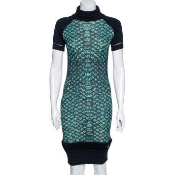 Pre Owned Roberto Cavalli Multicolor Printed Jersey & Wool Knit Turtle Neck Midi Dress M
