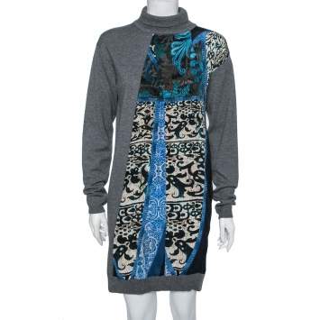 Pre Owned Roberto Cavalli Grey Front Printed Silk and Wool Turtleneck Long Sleeve Dress M