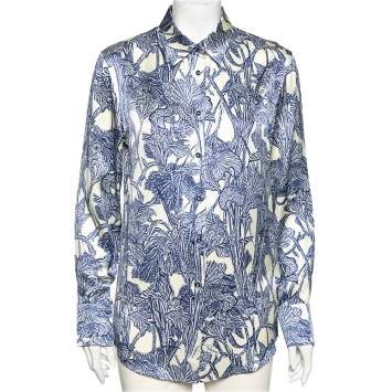 Pre Owned Roberto Cavalli Blue & Cream Printed Satin Silk Button Front Shirt M