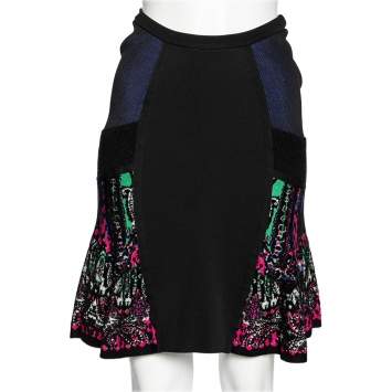 Pre Owned Roberto Cavalli Black and Multicolor Knit Flare Skirt M