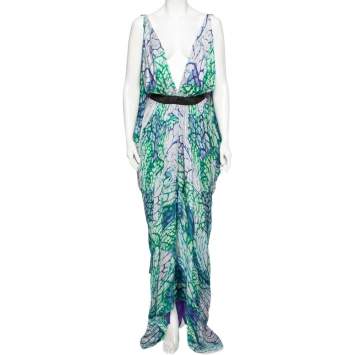 Pre Owned Roberto Cavalli Multicolor Printed Silk Plunging Neck Kaftan Maxi Dress M