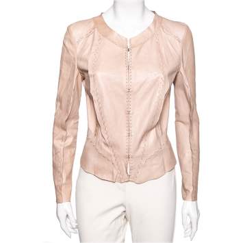 Pre Owned Roberto Cavalli Pink Leather Lace-Up Detailed Leather Jacket M