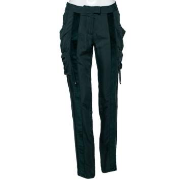 Pre Owned Roberto Cavalli Green Cotton & Corduroy Trimmed Cargo Trousers M