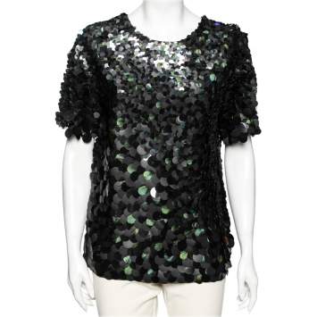 Pre Owned Roberto Cavalli Two Toned Paillette & Feather Embellished Silk Top M