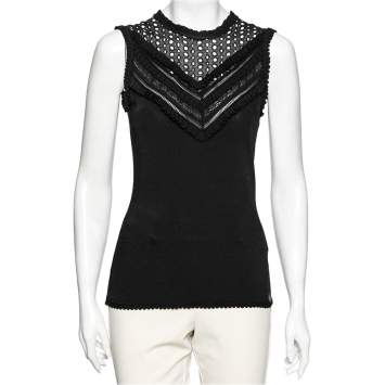 Pre Owned Roberto Cavalli Black Knit & Eyelet Detailed Sleeveless Top M