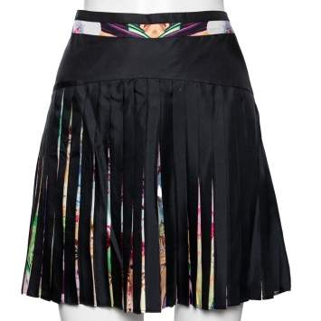 مملوكة مسبقًا Roberto Cavalli Black & Floral Printed Silk Pleated Short Skirt M 