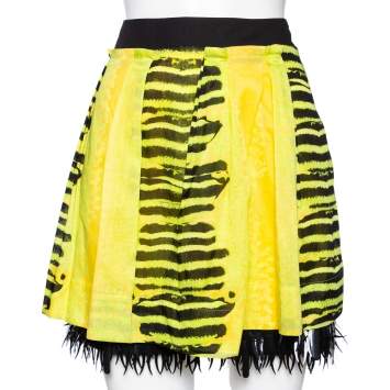 Pre Owned Roberto Cavalli Yellow Printed Cotton Embellished Hem Skirt M 
