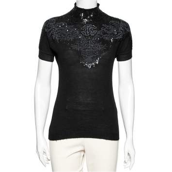 Pre Owned Roberto Cavalli Black Wool Embellished Short Sleeve Sweater M