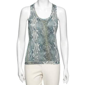 Pre Owned Roberto Cavalli Blue Snake Print Silk Knit Tank Top M