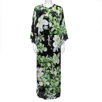 Pre Owned Roberto Cavalli Black and Green Floral Printed Kimono Sleeve Slit Detailed Dress S