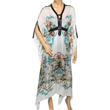 Pre Owned Roberto Cavalli White Floral Printed Silk  Beaded Neckline Belted Kaftan Dress M