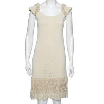 Pre Owned Roberto Cavalli Beige Knit Eyelet Detailed Ruffle Trimmed Dress M 
