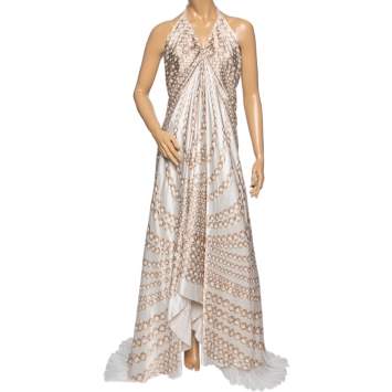 Pre Owned Roberto Cavalli White Printed Silk Pleated Halter Neck Slit Detailed Flared Dress M