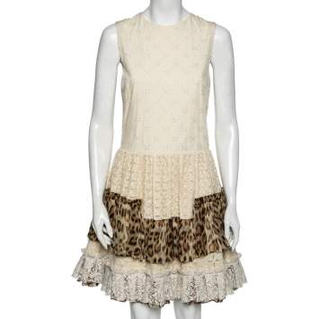 Pre Owned Roberto Cavalli Beige Eyelet Cotton & Lace Trimmed Tiered Dress M 