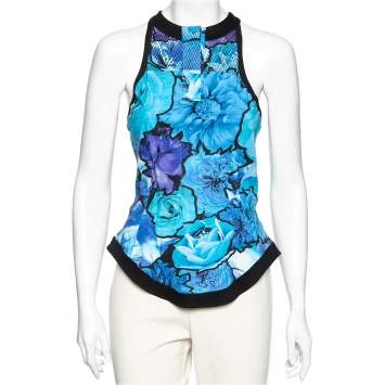 Pre Owned Roberto Cavalli Blue Printed Cotton Net Detailed Tank Top M