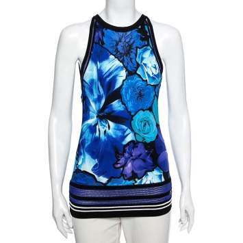 Pre Owned Roberto Cavalli Blue Floral Printed Jersey Tank Top M 