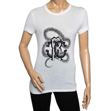 Pre Owned Roberto Cavalli White Flocked Logo Printed Bamboo Knit T-Shirt M 