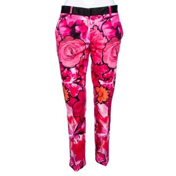 Pre Owned Roberto Cavalli Pink Floral Print Stretch Cotton Pants M