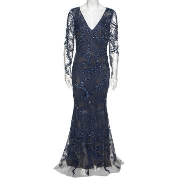 Pre Owned Roberto Cavalli Blue Embroidered Crystal Embellished Tulle Cocktail Dress M