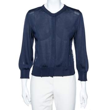 مملوكة مسبقًا Roberto Cavalli Navy Blue knit & Embroidered Lace Paneled Button Front Cardigan M