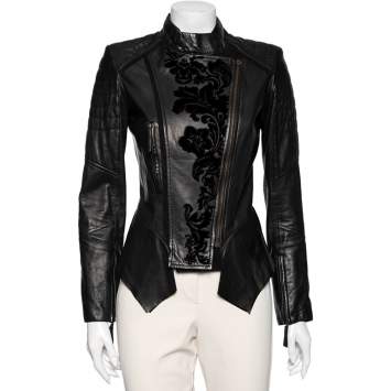 Pre Owned Roberto Cavalli Black leather Floral Applique Detail Zip Front Peplum Jacket M