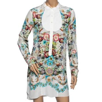 Pre Owned Roberto Cavalli Multicolor Printed Silk Button Front Mini Dress M