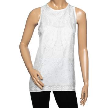 Pre Owned Roberto Cavalli White Printed Silk & Knit Paneled Tank Top M