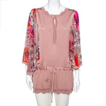 Pre Owned Roberto Cavalli Pale Pink Knit & Printed Silk Waist Tie Detail Top M