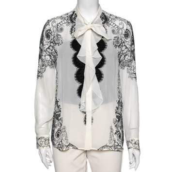 Pre Owned Roberto Cavalli Monochrome Printed Silk & Lace Ruffle Trimmed Shirt M 