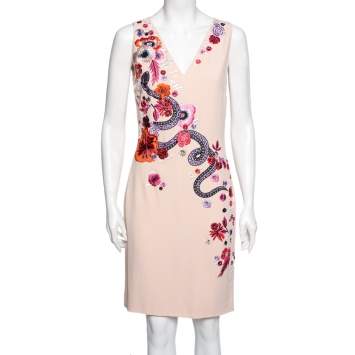 Pre Owned Roberto Cavalli Light Pink Embroidered Crepe Sleeveless Sheath Dress M