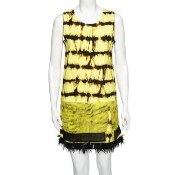 Pre Owned Roberto Cavalli Yellow Printed Denim Embellished Hem Detail Sleeveless Shift Dress M