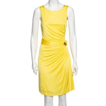 Pre Owned Roberto Cavalli Yellow Jersey Pleated Jewel Embellished Sleeveless Dress M