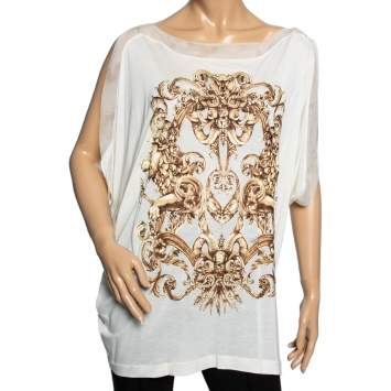 Pre Owned Roberto Cavalli White Printed Nylon Mesh Trim Top M