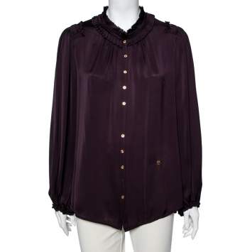 Pre Owned Roberto Cavalli Purple Silk Ruffle Detail Button Front Shirt M
