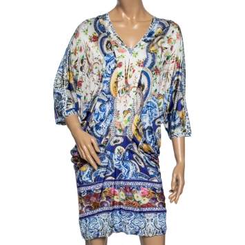 Pre Owned Roberto Cavalli Multicolor Printed Jersey Draped Mini Dress M