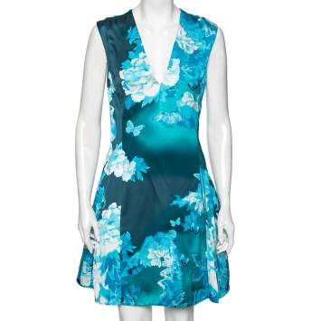 Pre Owned Roberto Cavalli Blue Butterfly Printed Satin Sleeveless Midi Dress M