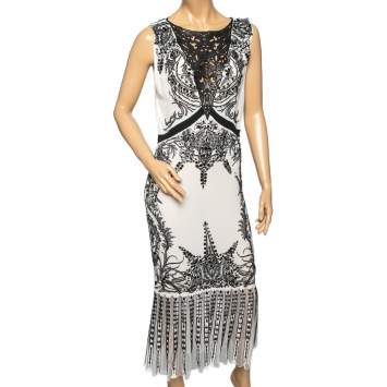 Pre Owned Roberto Cavalli White Embellished Silk & Laser Cut Inset Detailed Dress M 
