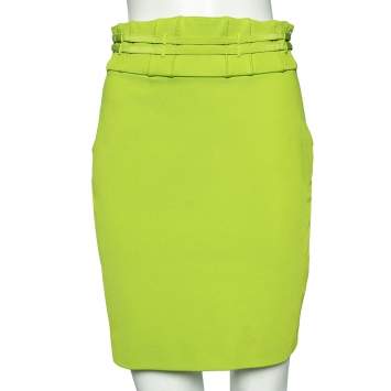 Pre Owned Roberto Cavalli Green Knit & Silk Trim Detailed Skirt M 